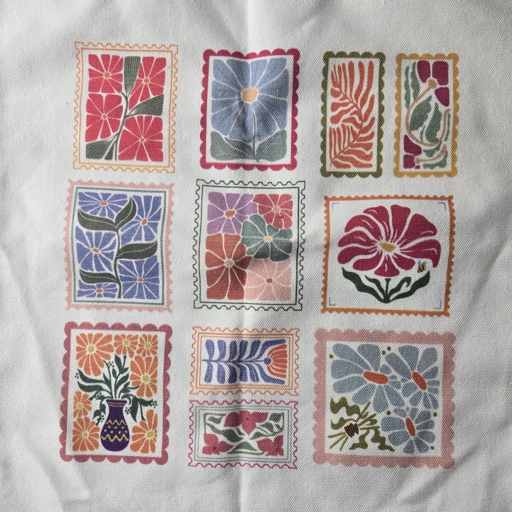 Vintage Style Floral Postage Stamp Canvas Tote Bag - Aesthetic Botanical Grid - Picture 3 of 4